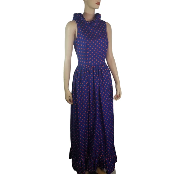 Vtg 70s Julie Miller polka dot cut out back ruffle maxi dress - Picture 5 of 10